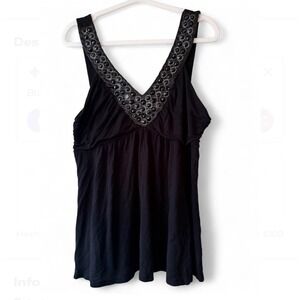 Y2K Black Gem Embellished Babydoll Tank Top V-Neck Festival Top size L-XL